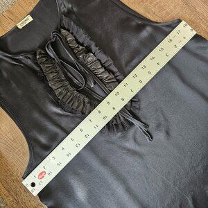 L’Agence 100% Silk V-Neck Tank Sleeveless Blouse w/Lambskin Detail, Small, Black